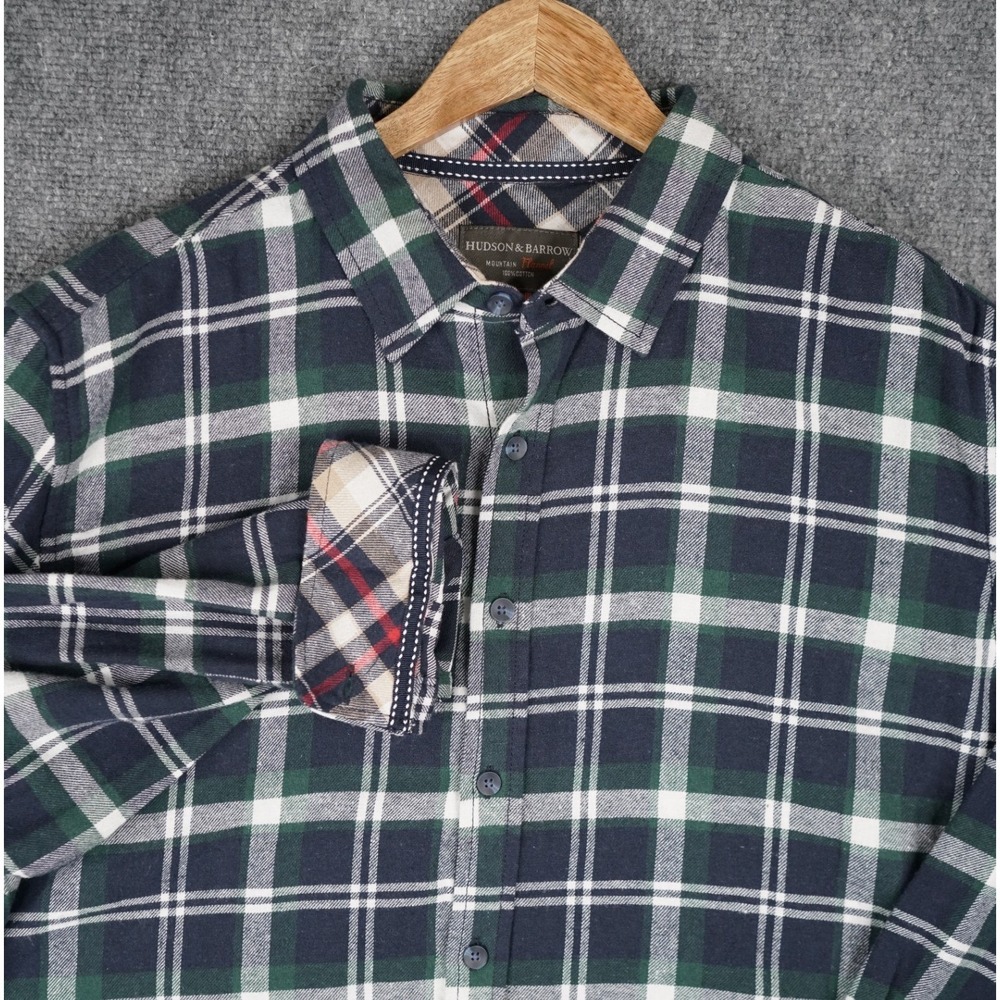 Hudson & Barrow Mountain Flannel Mens XL Green Navy Plaid Button Down Shirt
